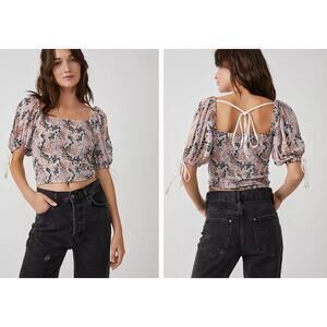 Free People Women's Size XS White & Pink Floral Back On Top Tie Back Blouse Top